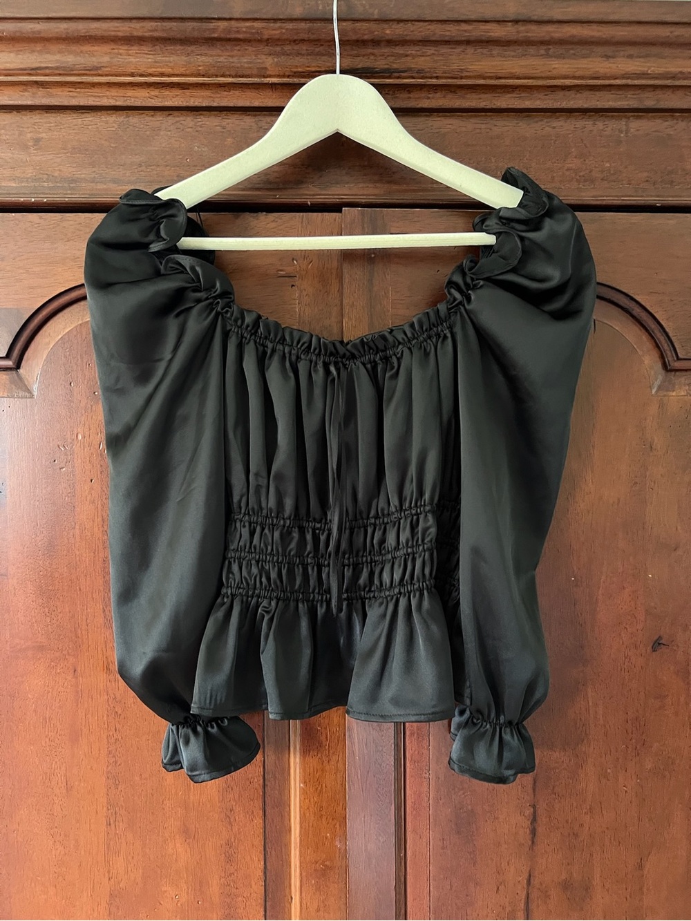 Q + A Los Angeles black satin ruffle long sleeve top with front tie